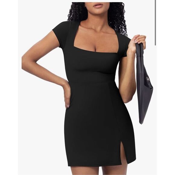 NEW Square Neck Y2K Club Side Slit Stretchy Mini Dress L - Picture 1 of 6